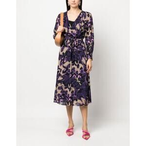 Boss Floral Tied-Waist Demaia Wrap Midi Dress Long Sleeve V Neck Size 4 NWOT